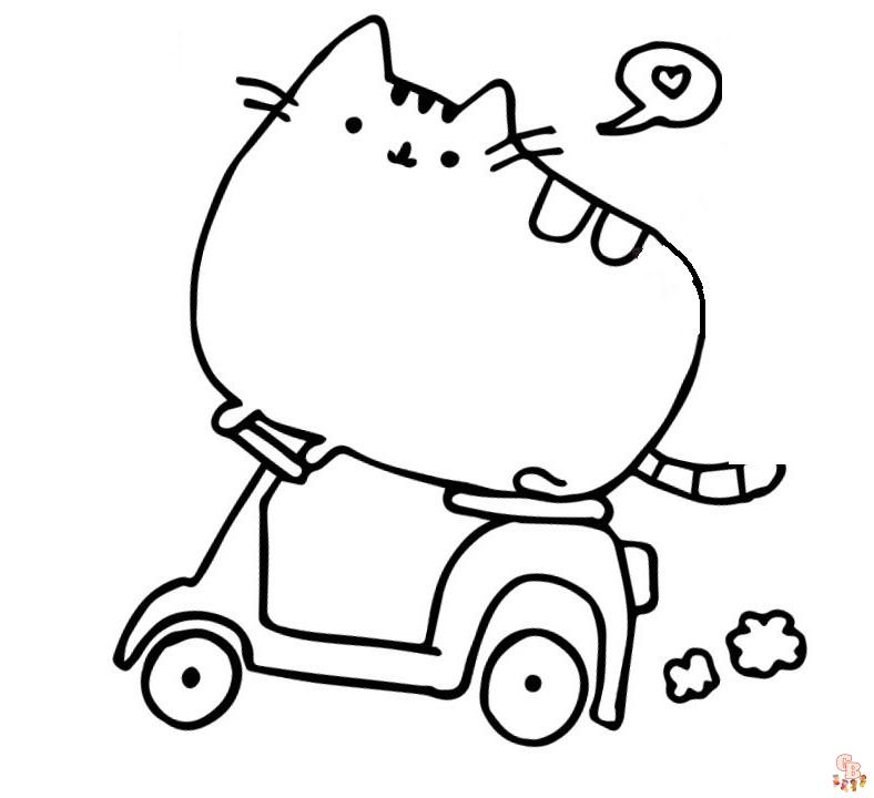 Pusheen Driving Motorcycle Coloring Pages 2