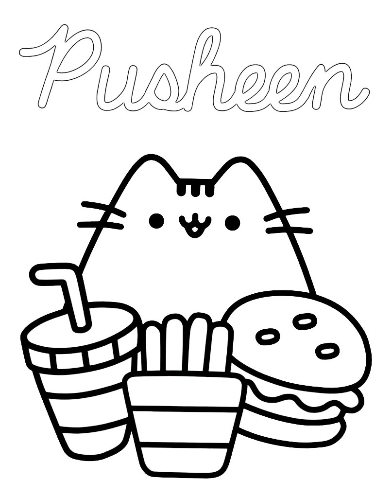 Pusheen on Hamburger Coloring Pages 1