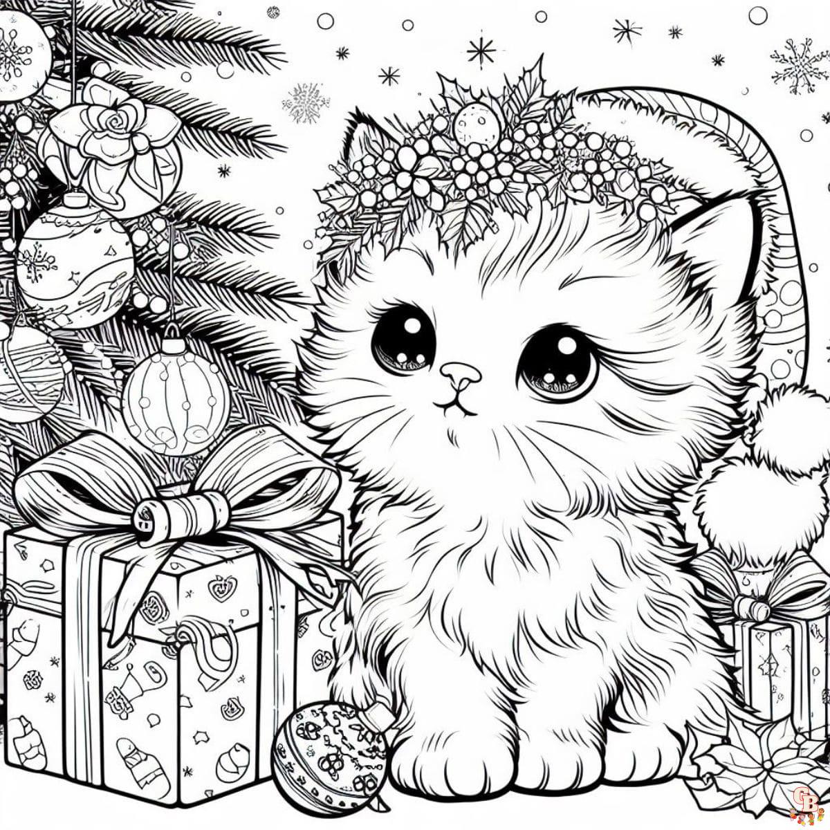 kawaii kitten and christmas tree