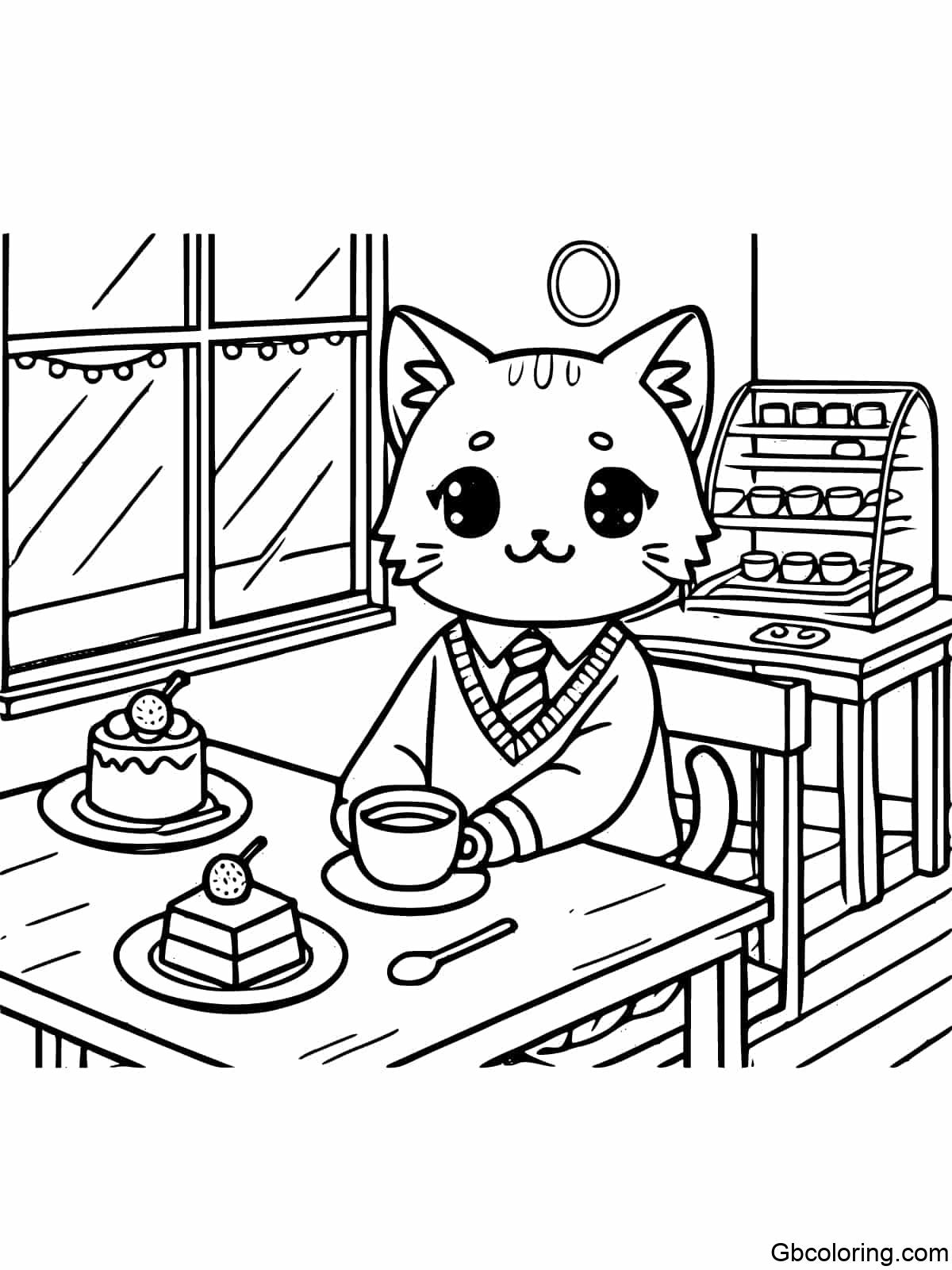 Anime Cat sitting at a table with a cup of tea and a small dessert