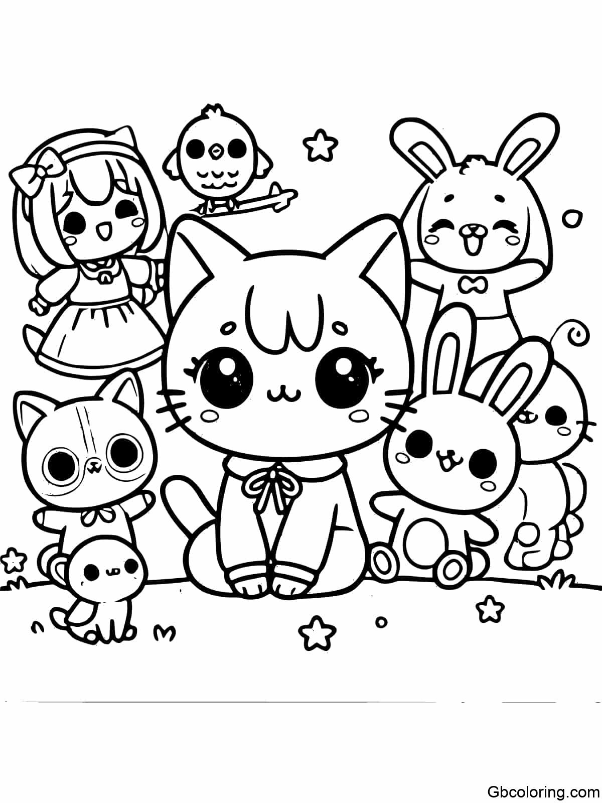 Anime Cat surrounded by a rabbit and a bird in a playful scene