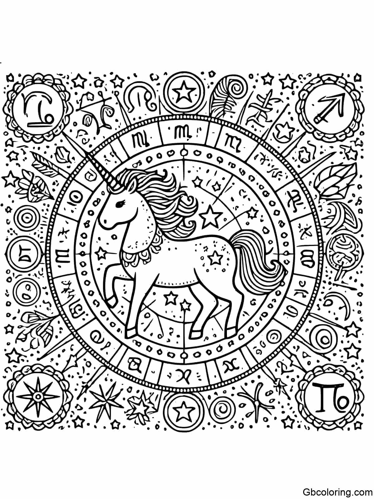 A simple and easy-to-color astrological unicorn mandala for children featuring a unicorn surrounded by astrological signs and symbols