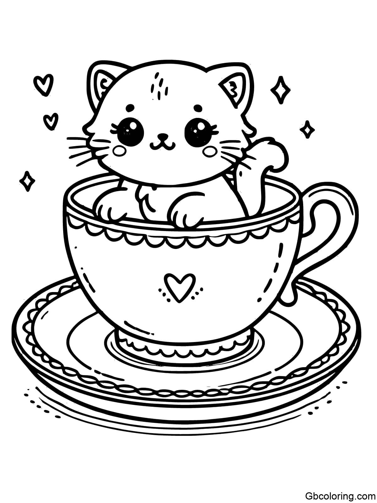 A baby cat sitting inside a teacup.