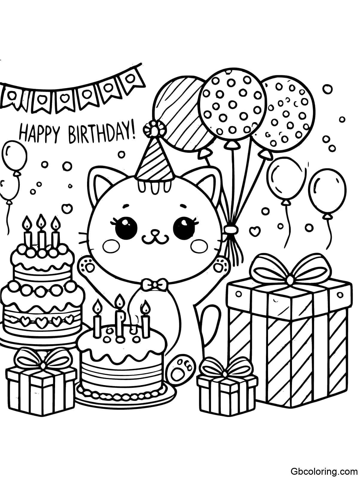 A simple and easy-to-color drawing of a cute cat celebrating its birthday with balloons, a cake, and presents.