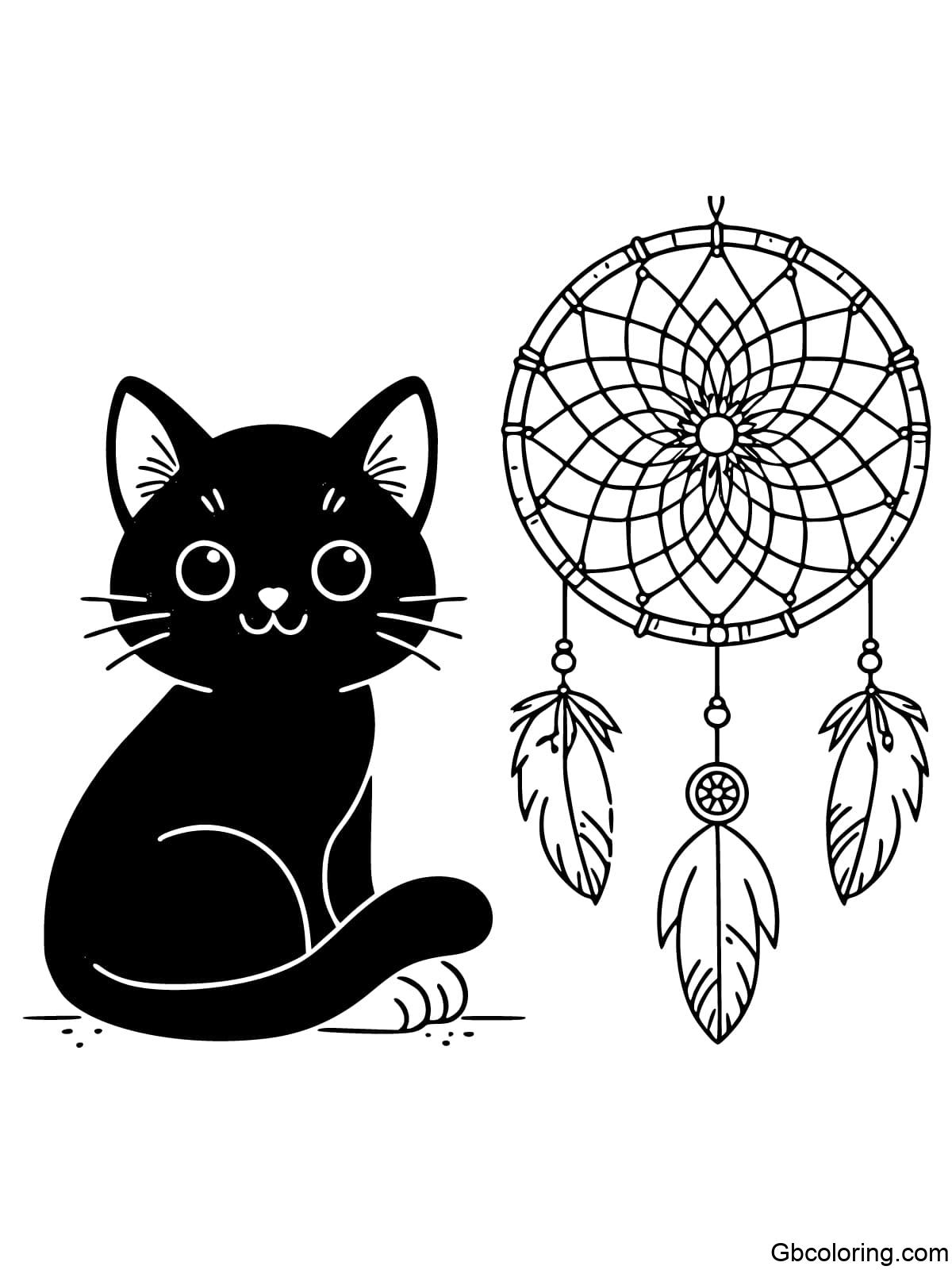 Black cat resting under a dreamcatcher