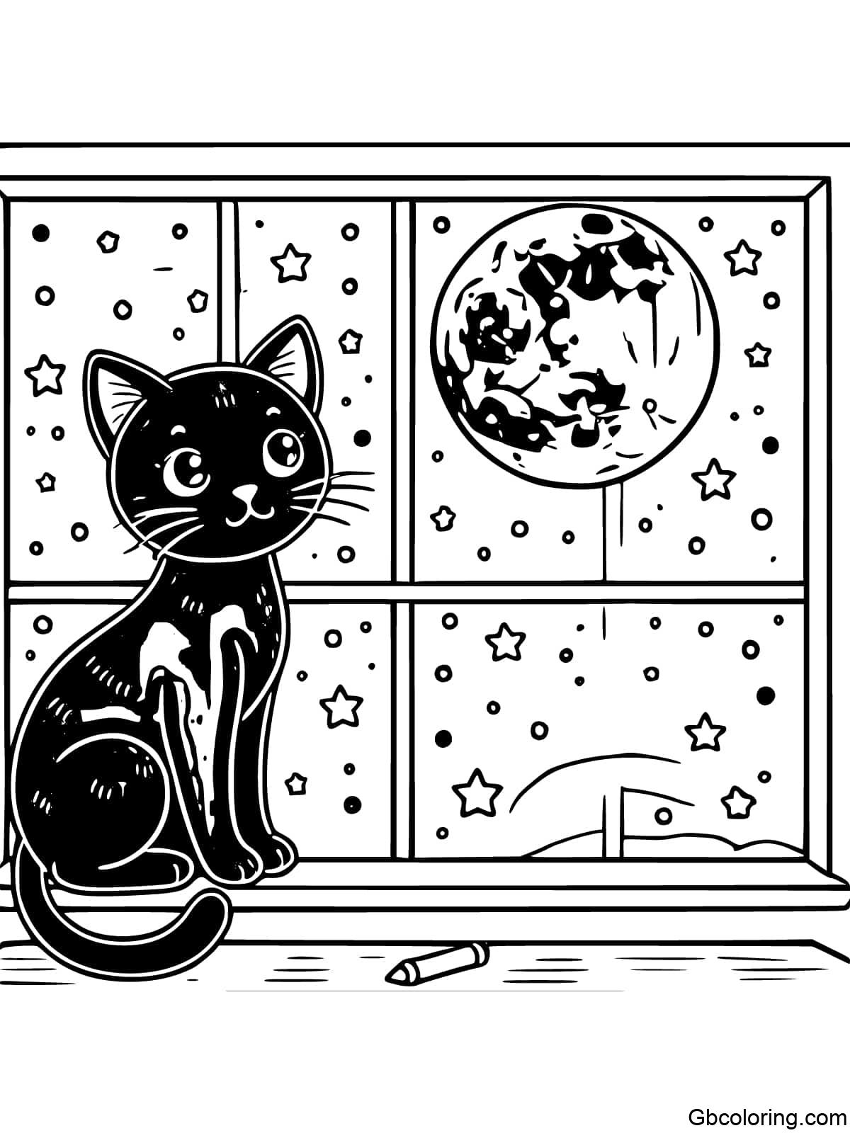 Black cat sitting on a windowsill with a full moon in the background