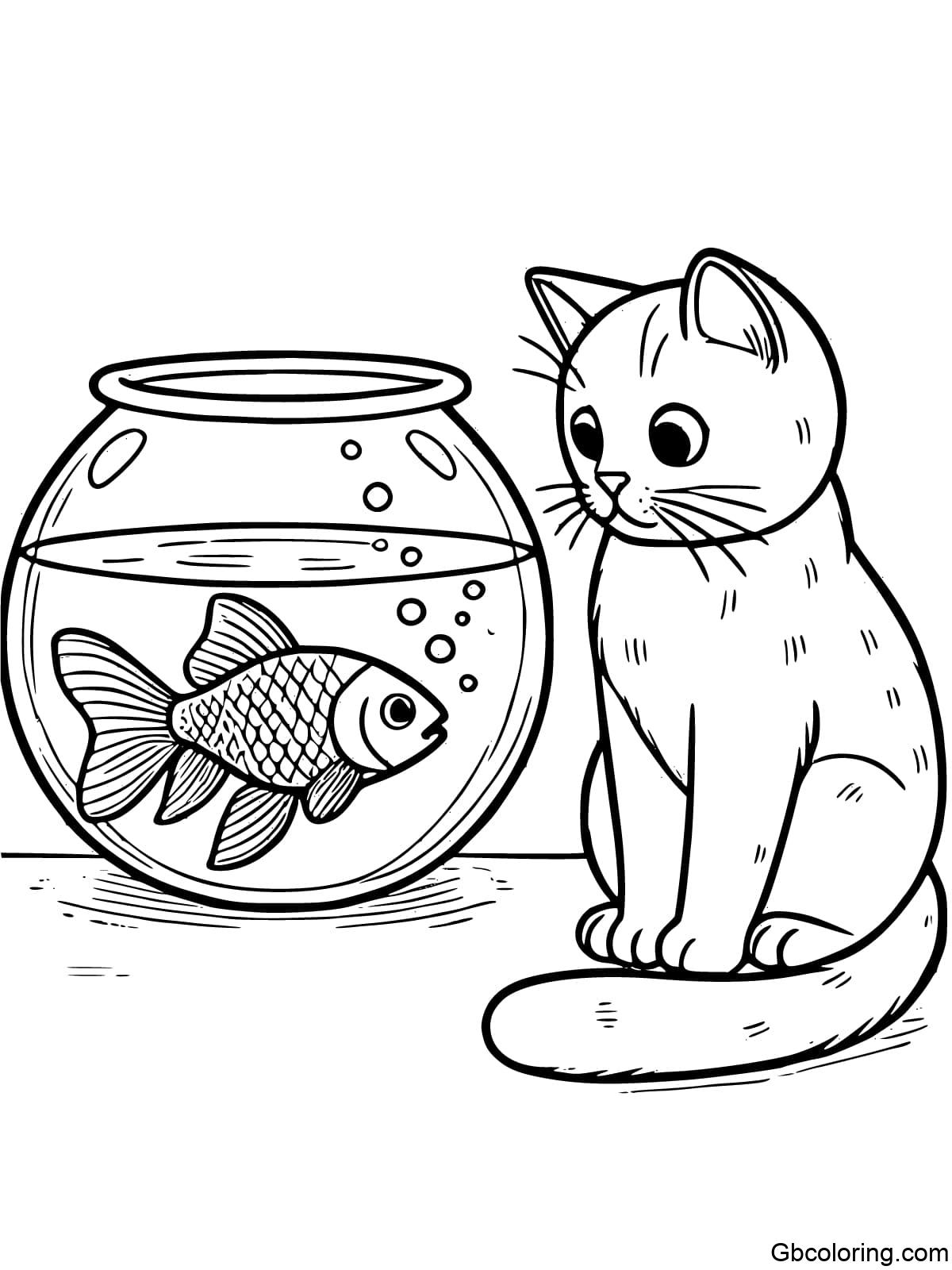 A simple cat and fish coloring page for kids, with a cat staring at a fishbowl.