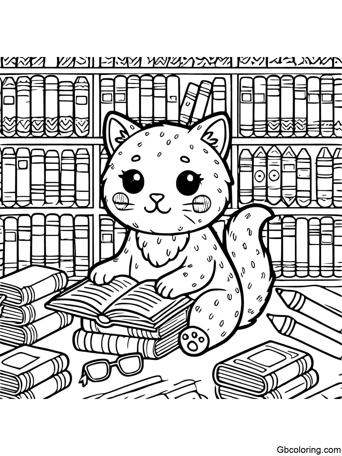 A simple cat in the library coloring page for kids, featuring a cat with glasses among stacks of books.