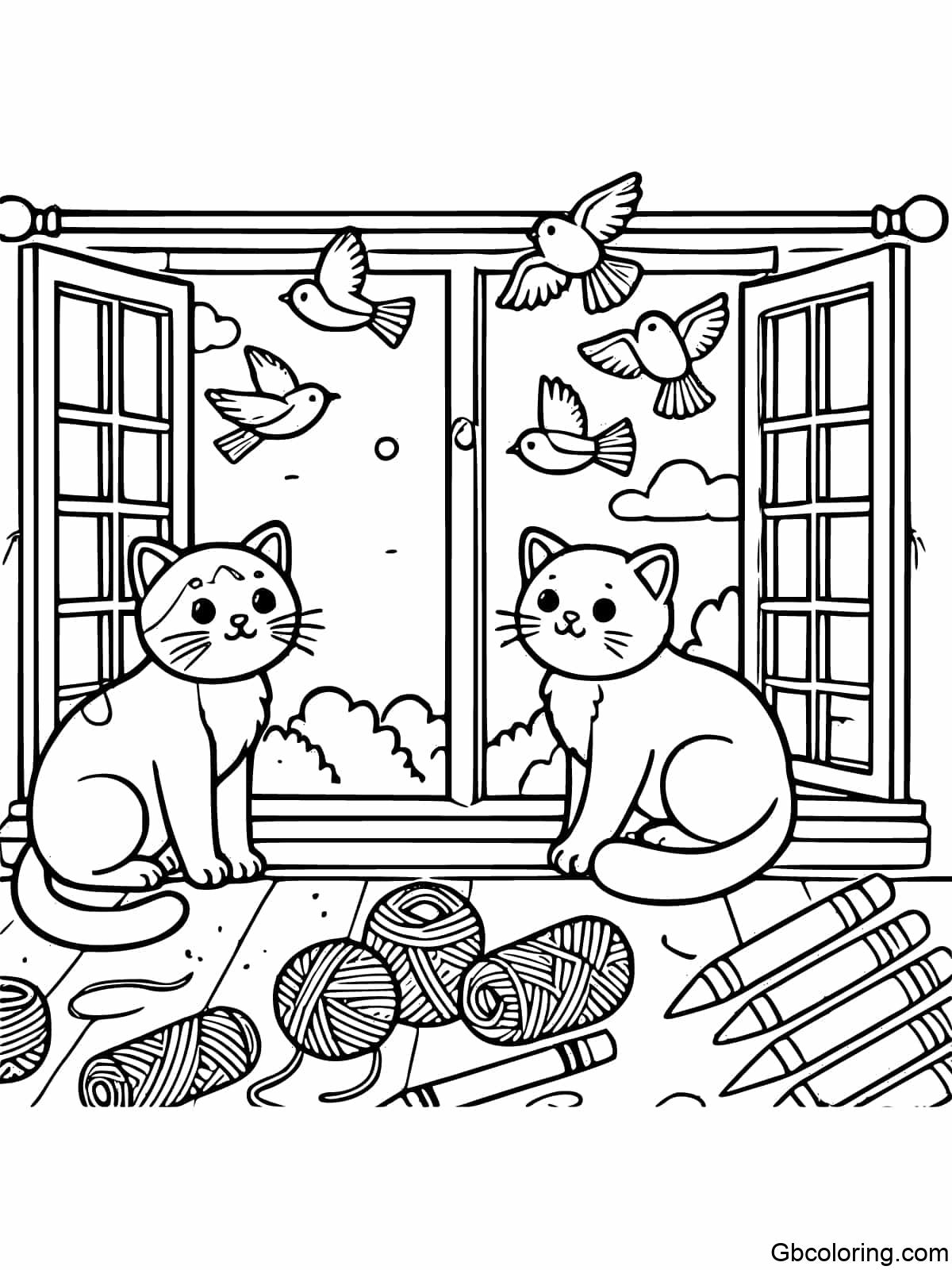 Cats looking at birds outside the window for children to color