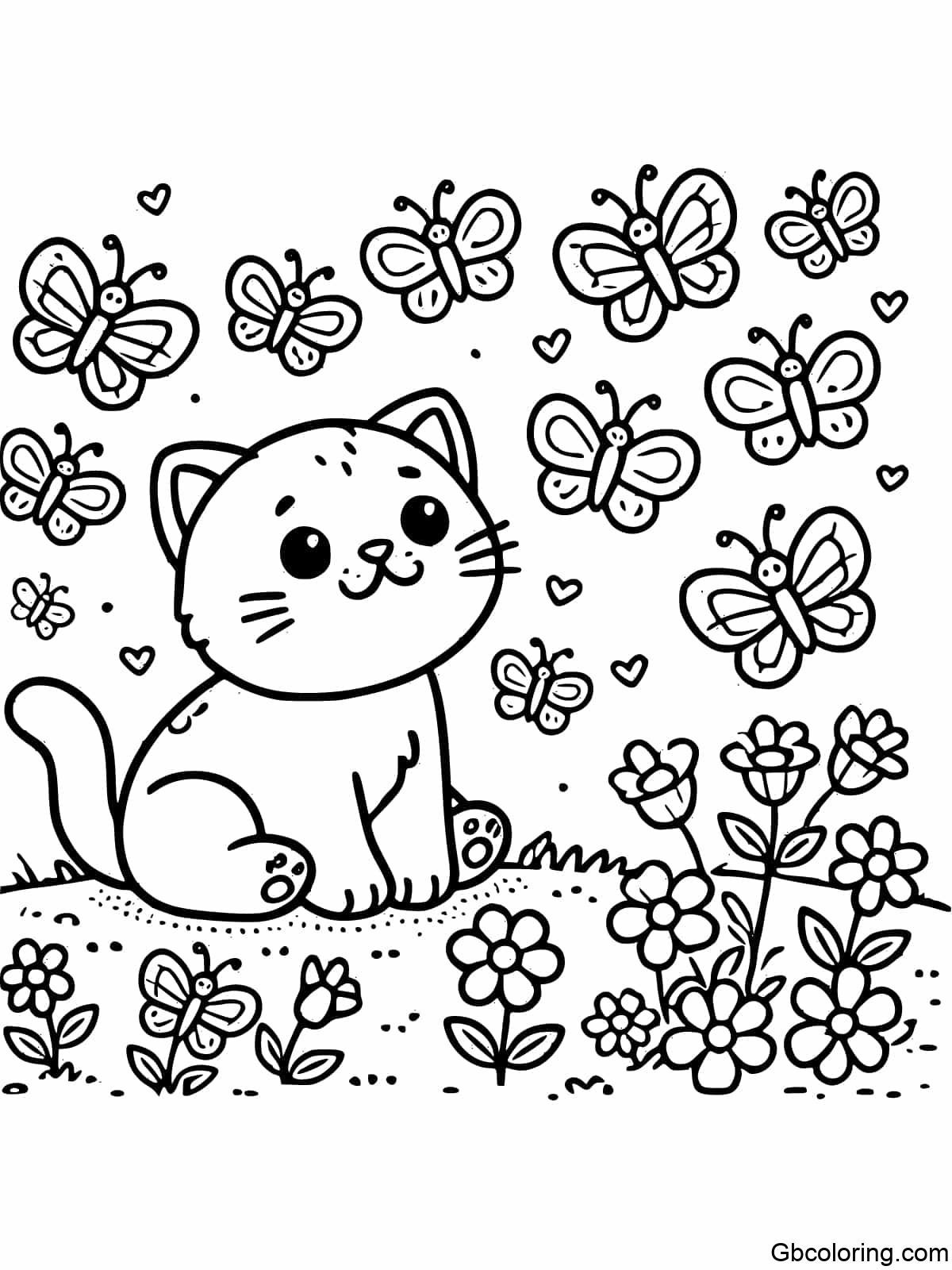 Simple coloring page of a cat and butterflies for children