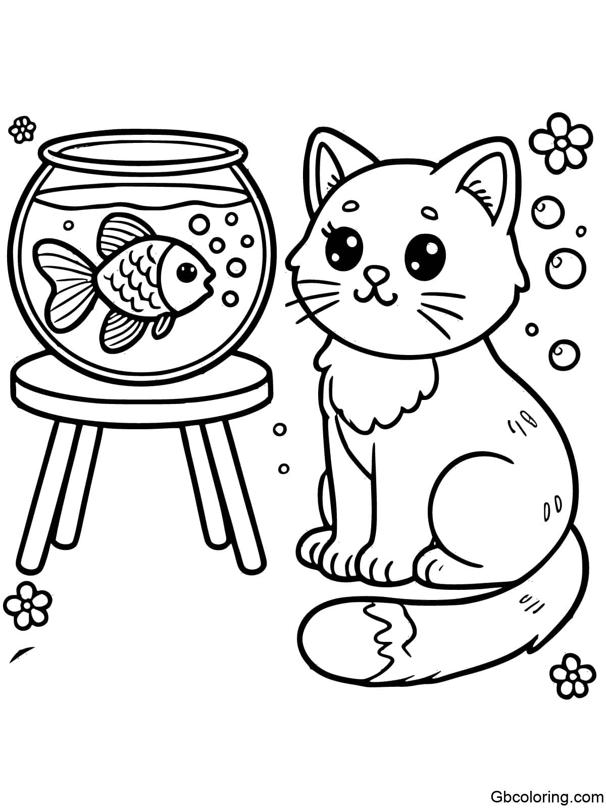 Cat sitting next to a fish bowl for children to color
