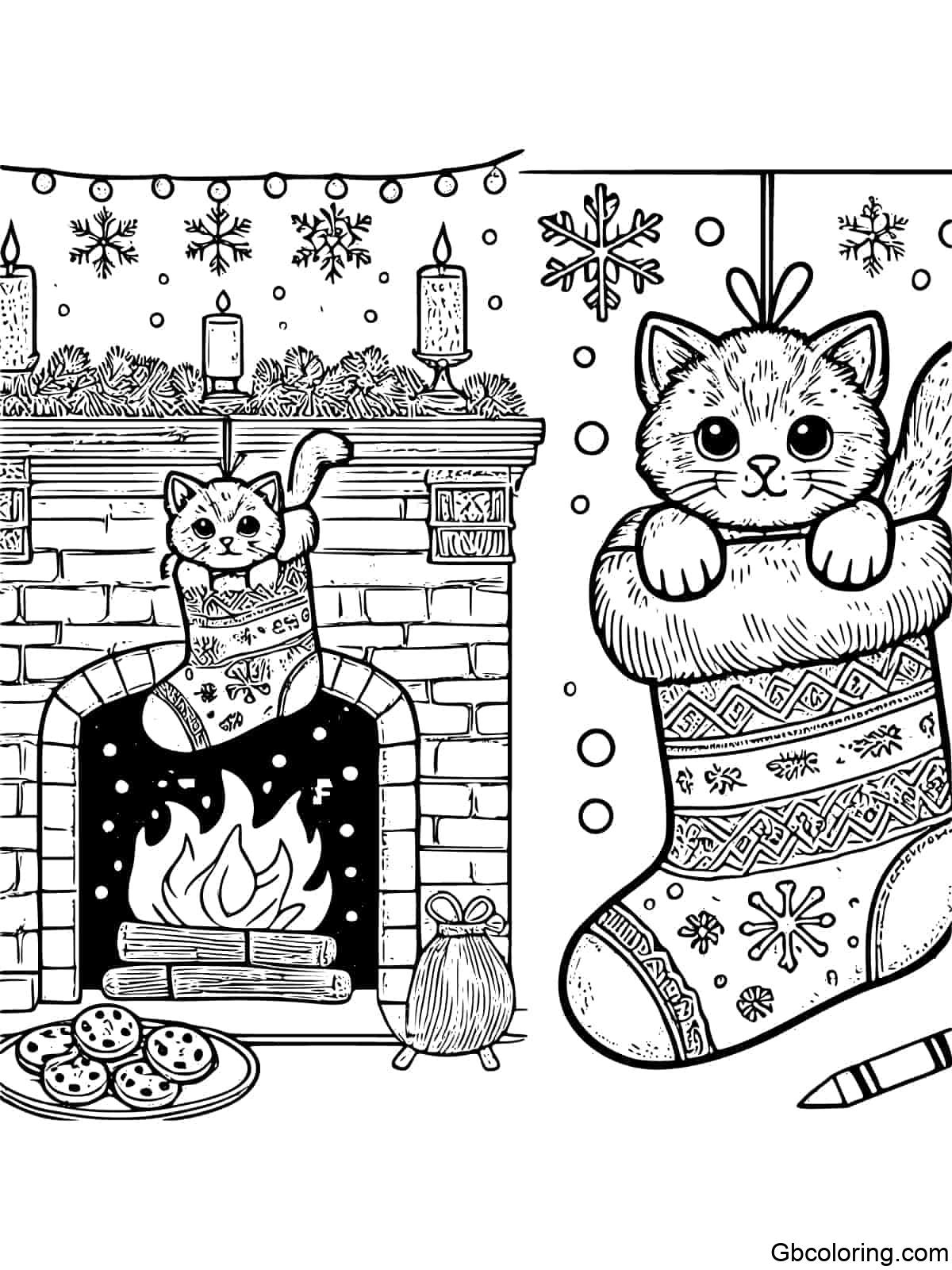Cat peeking out of a Christmas stocking by the fireplace for kids to color