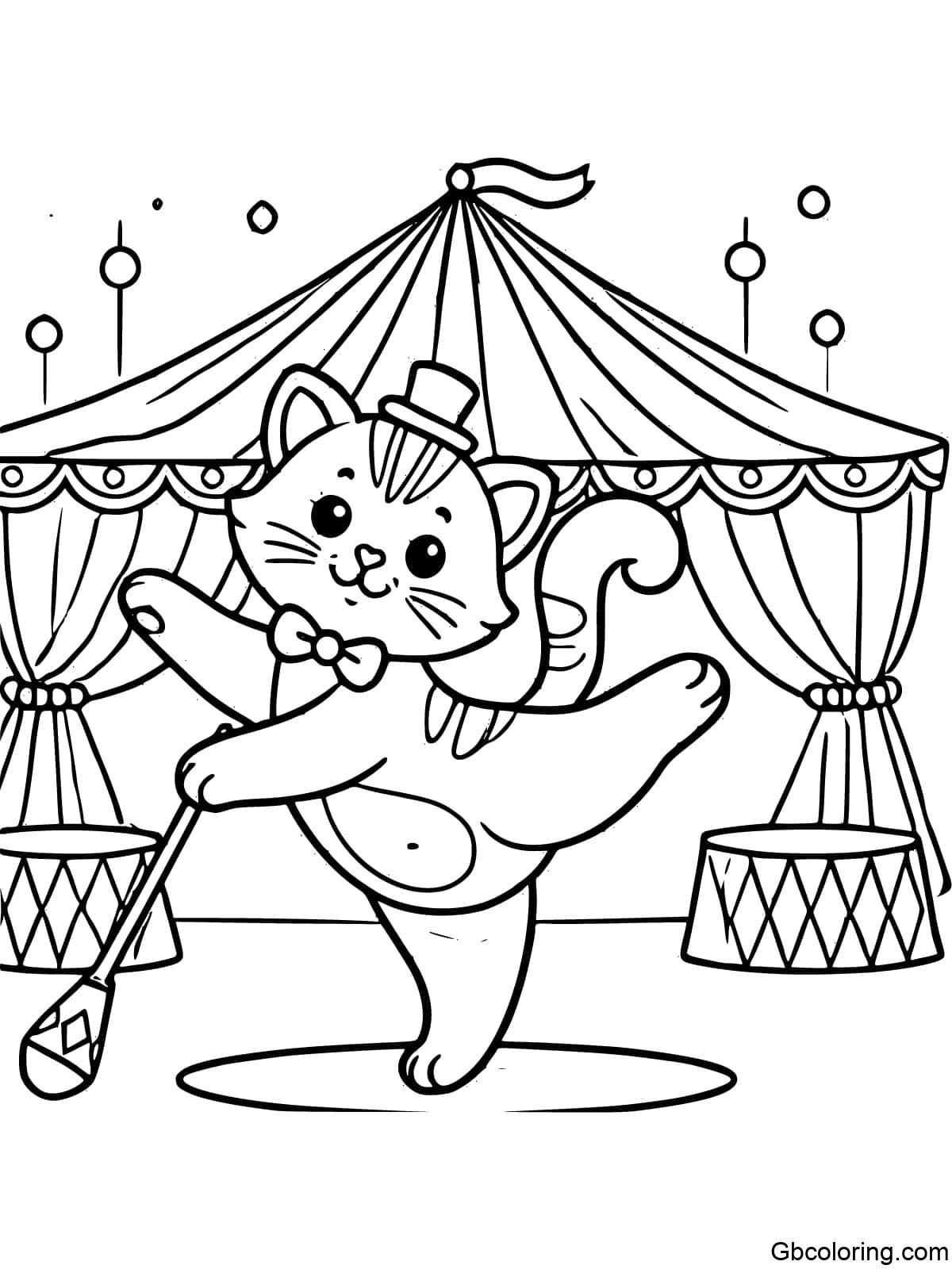 A simple circus cat coloring page for kids, with a cat performing tricks in a circus tent.
