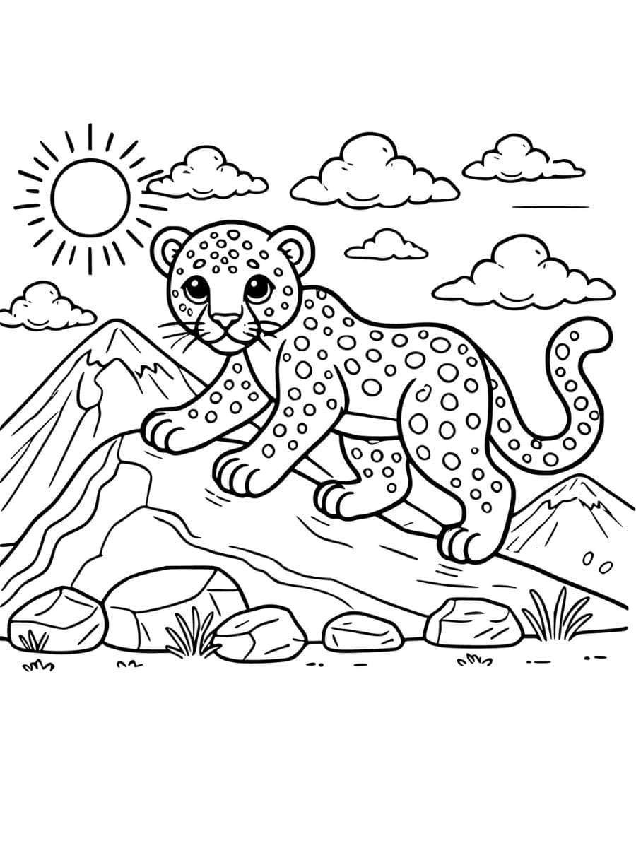 Leopard climbing a hill with rocks coloring page