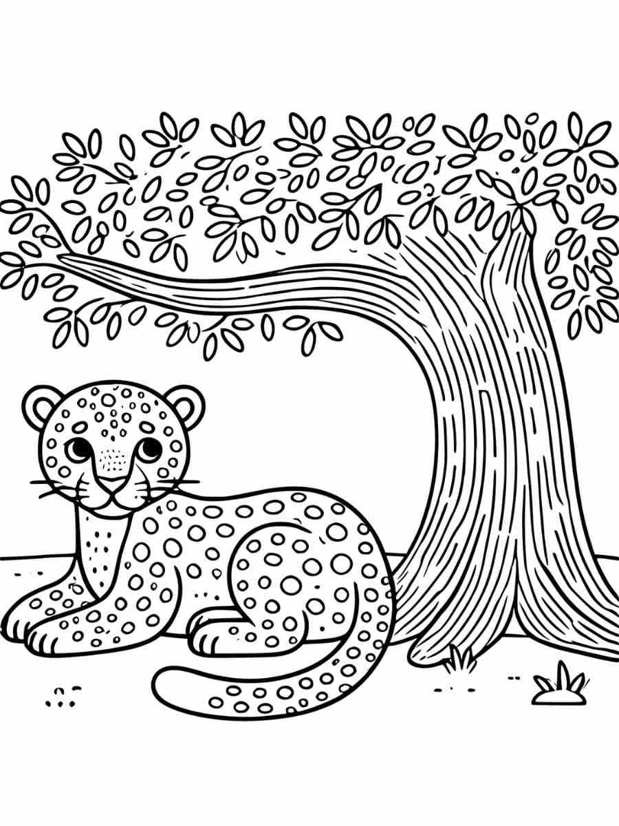 Leopard resting under a tree with few leaves coloring page