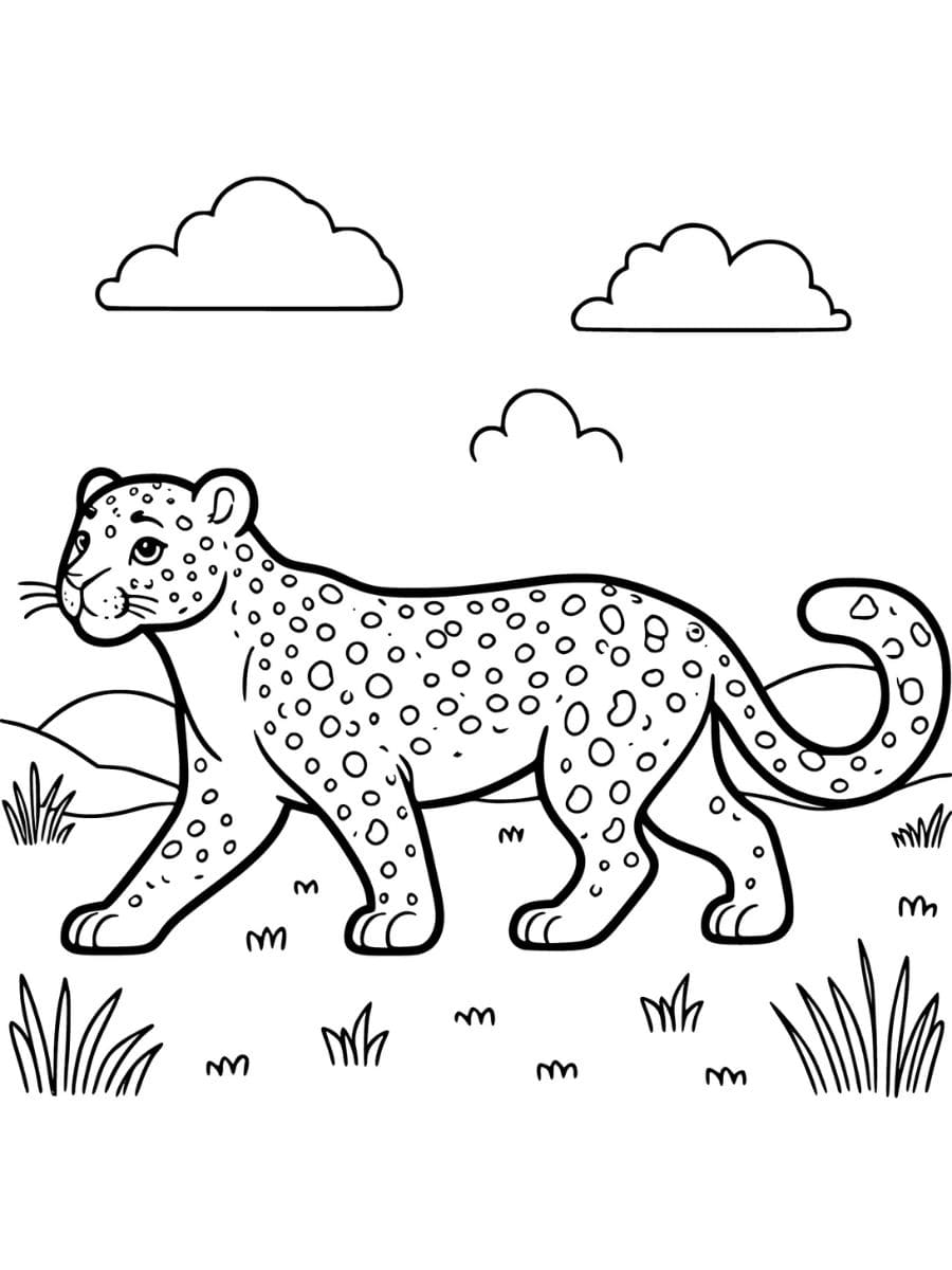 Leopard walking through a savanna with grass tufts coloring page