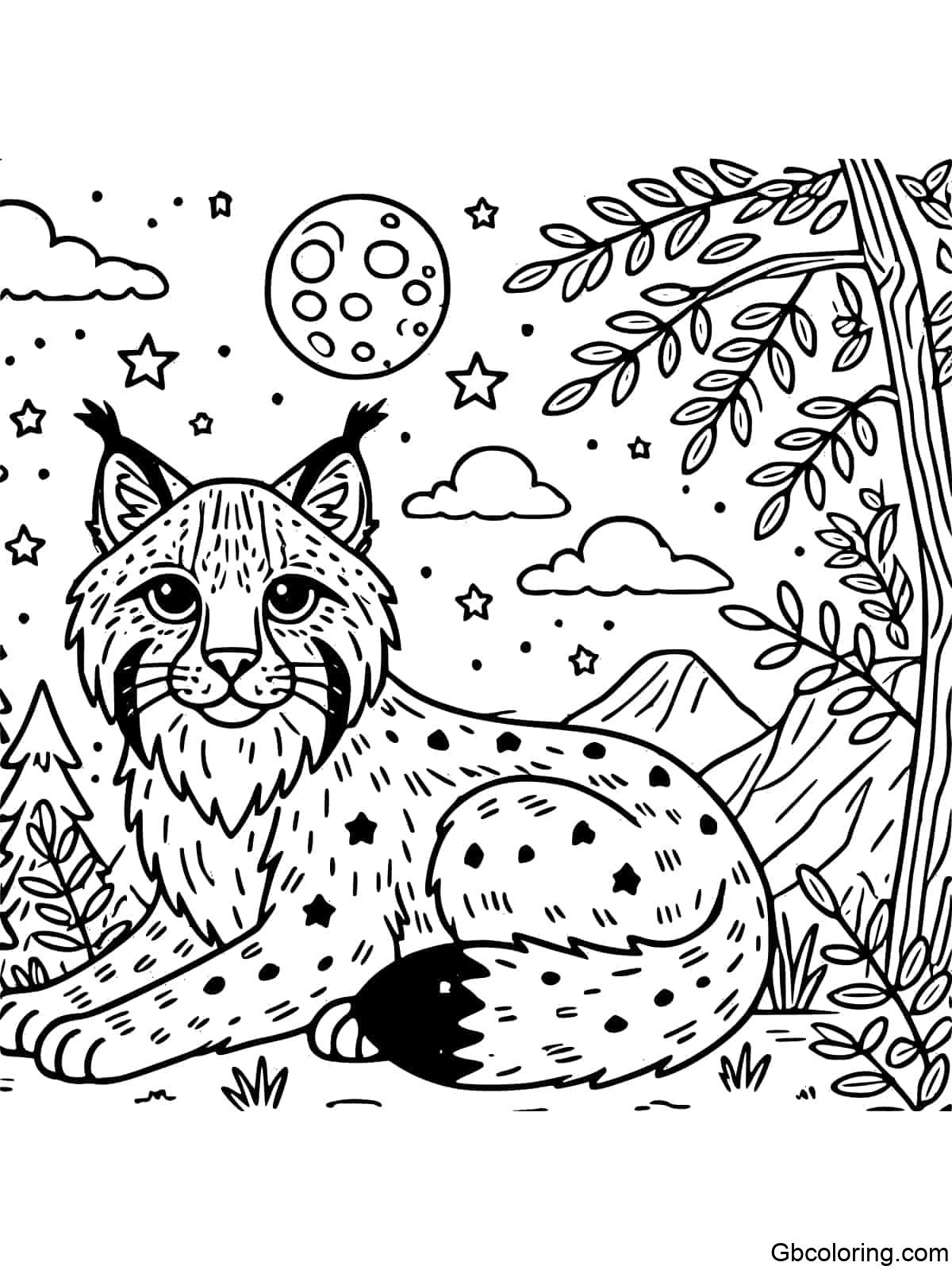 Coloring page of a bobcat in a nighttime setting with a moon and stars