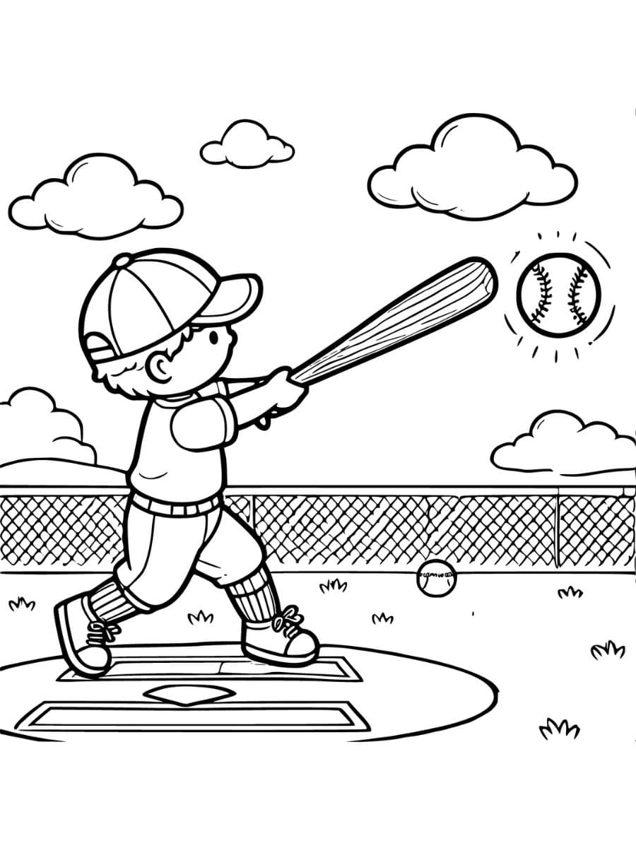 A child hitting a baseball with a bat coloring page