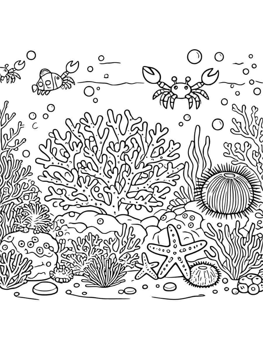 A large central coral with sea creatures coloring page