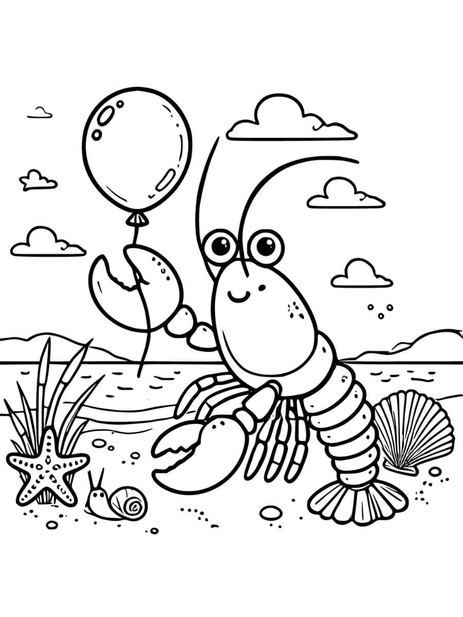 Lobster holding a balloon on a beach with a starfish coloring page