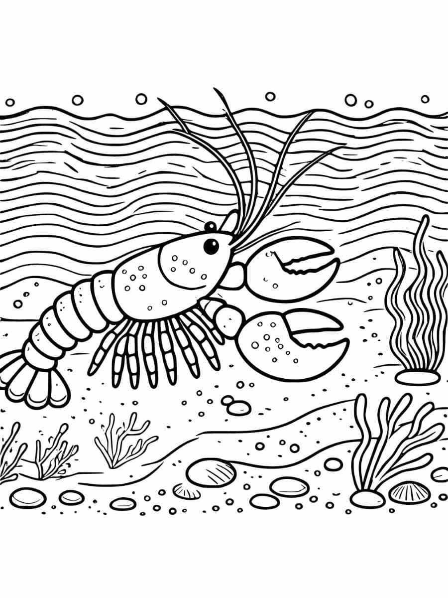 Lobster on the ocean floor with small rocks and seaweed coloring page