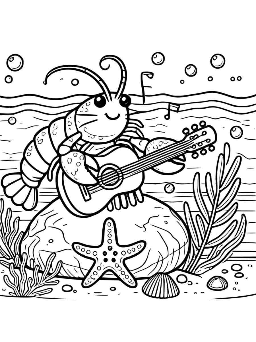 Lobster playing a guitar on a rock with a starfish coloring page