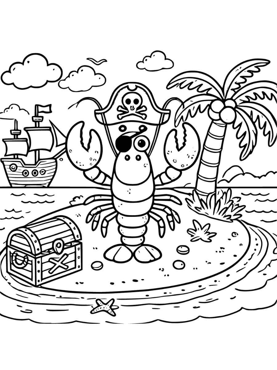 Lobster with a pirate hat and treasure chest on an island coloring page