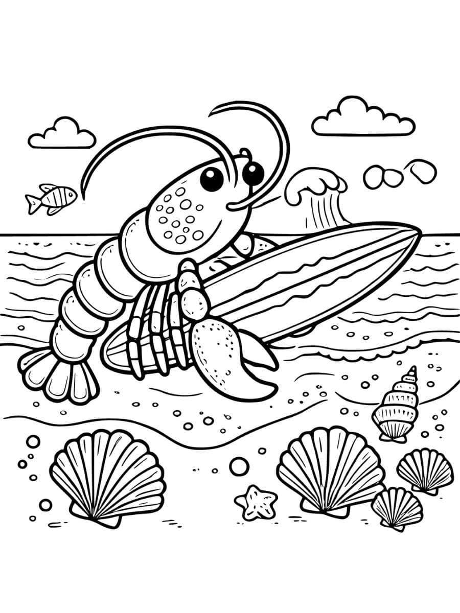 Lobster with a surfboard on a beach with seashells coloring page