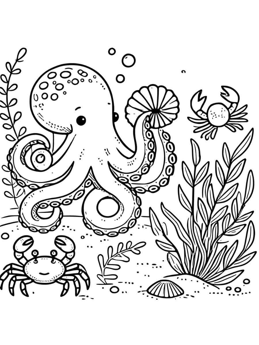 Octopus holding a seashell with a crab and seaweed coloring page