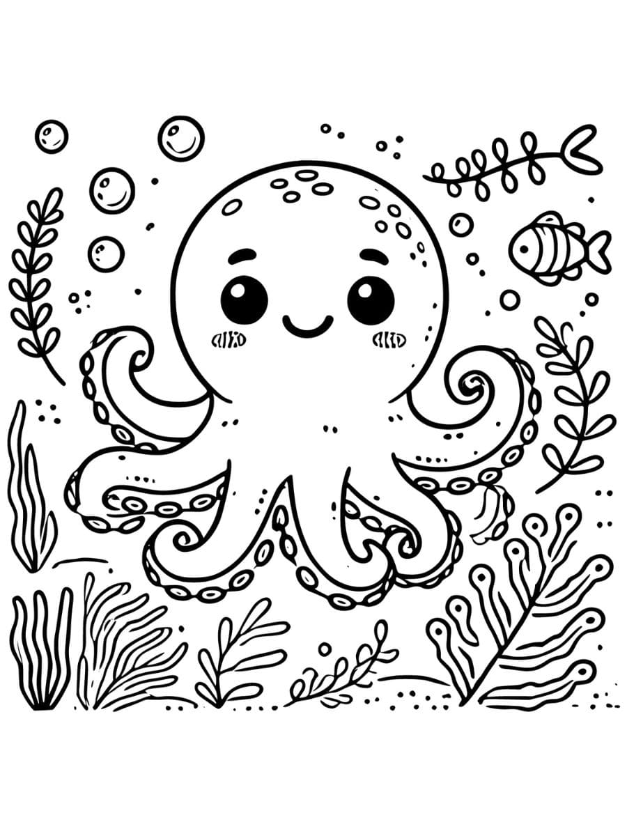 Octopus surrounded by bubbles and seaweed coloring page