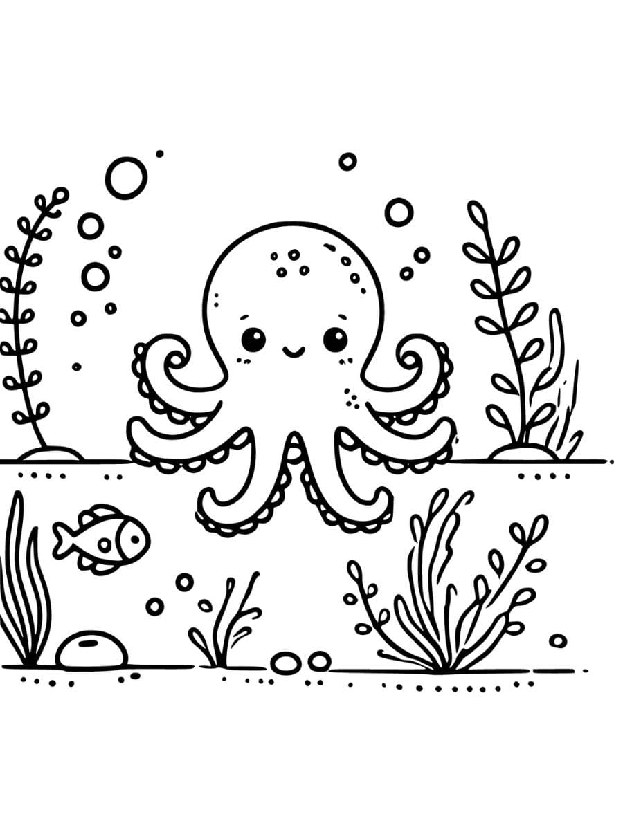 Octopus surrounded by underwater plants and bubbles coloring page