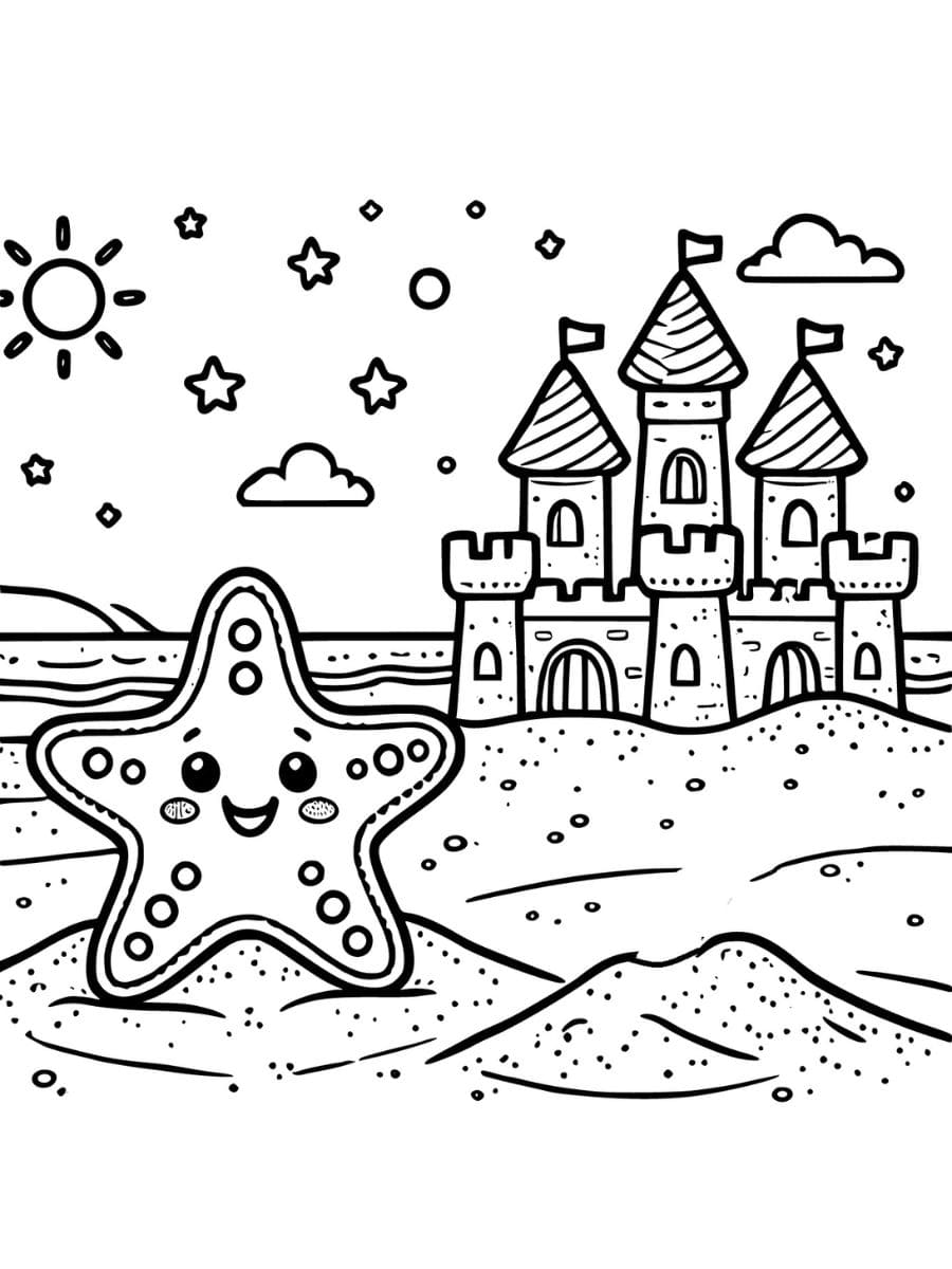 Starfish on beach with sandcastle in background coloring page