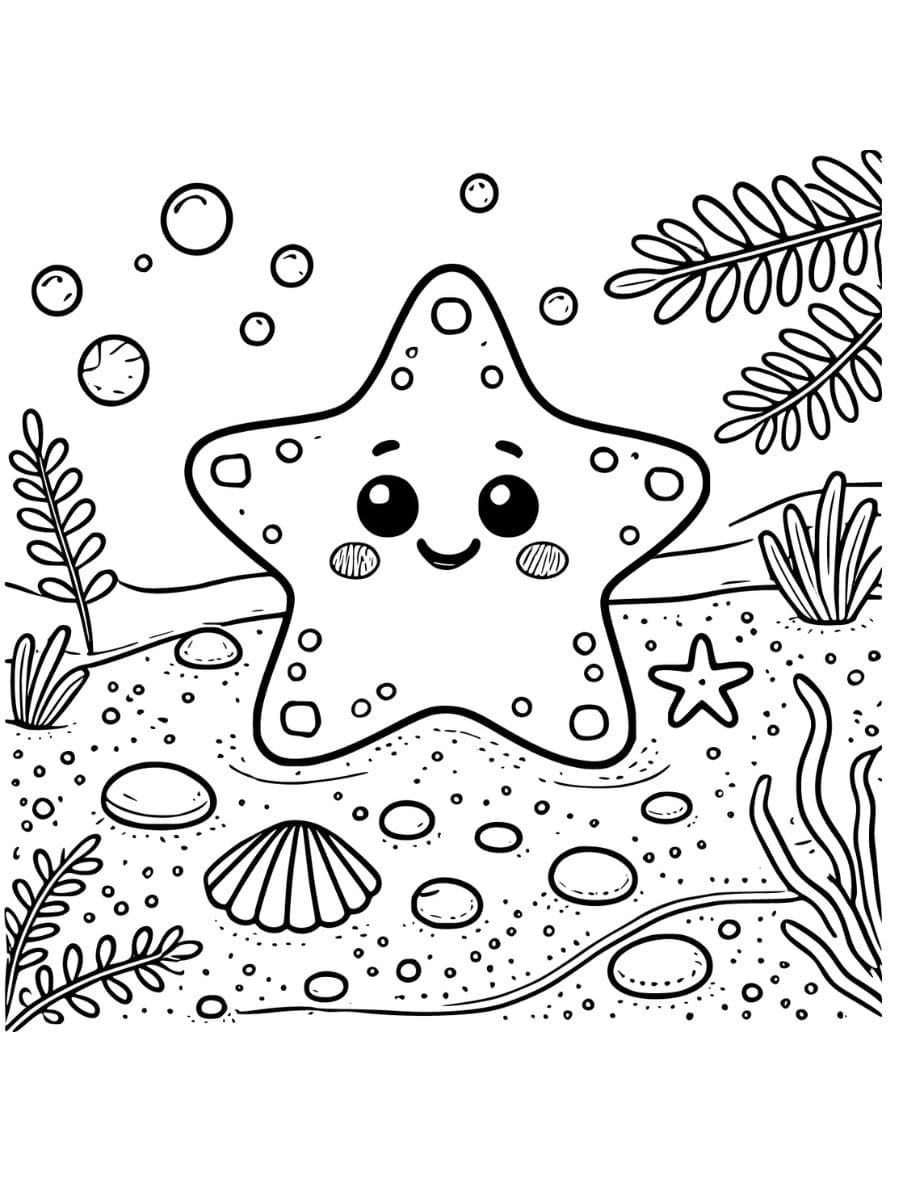 Starfish on sandy beach with pebbles and seaweed coloring page