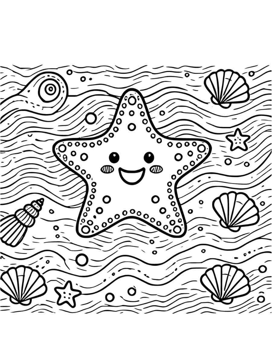 Starfish with happy face among ocean waves coloring page