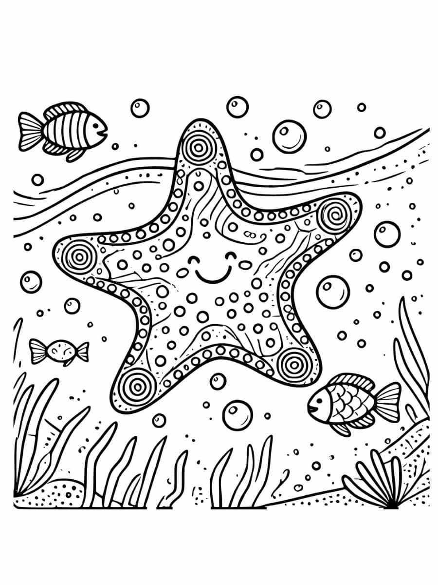 Starfish with playful patterns and small fish coloring page