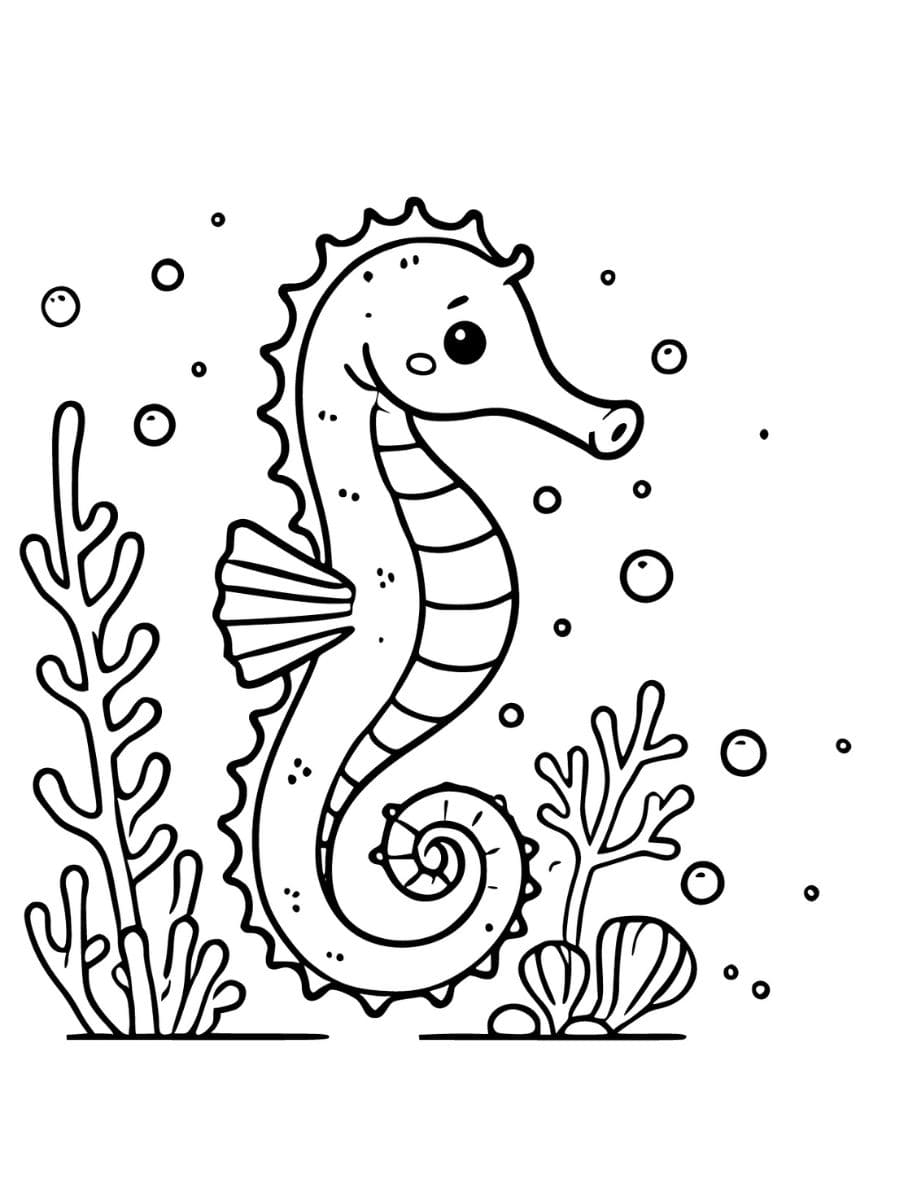 A seahorse with bubbles and coral coloring pages