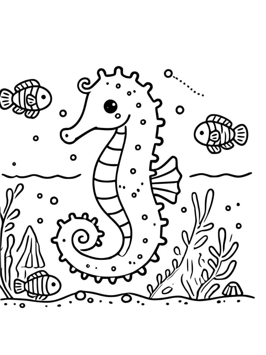 A seahorse with small fish and seaweed coloring pages