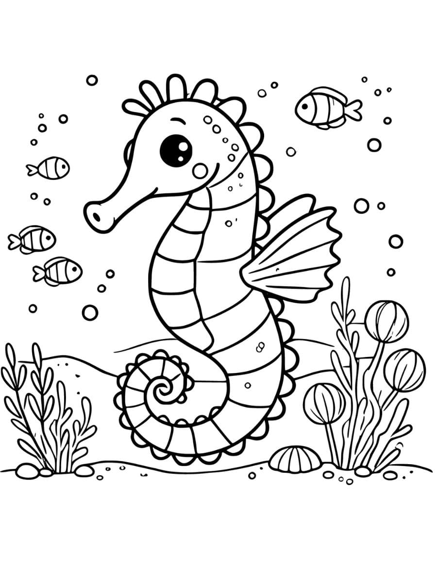 A seahorse with small fish and water plants coloring pages