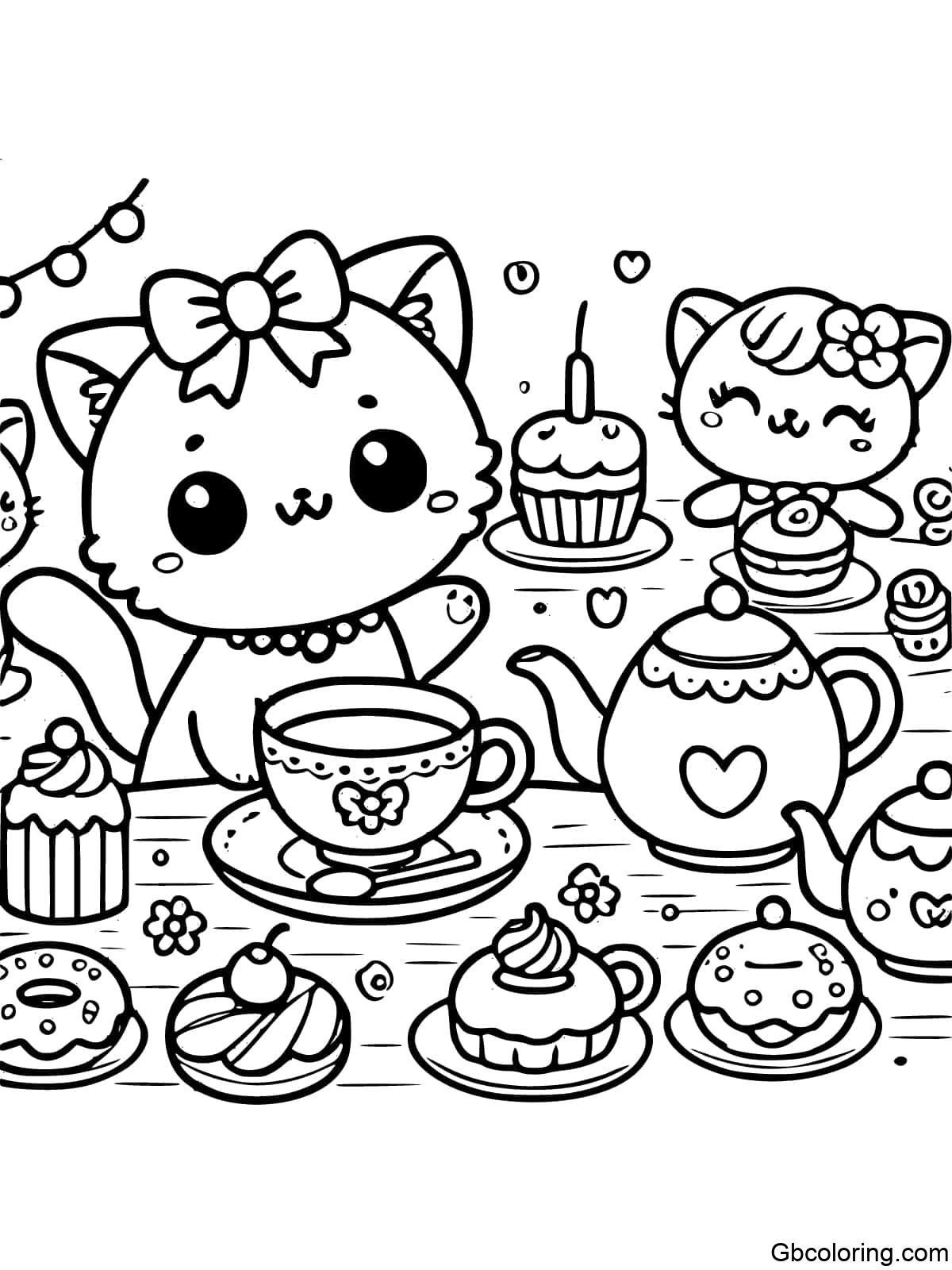 A simple and easy-to-color drawing of a cute cat hosting a tea party with tiny teacups, pastries, and friends.