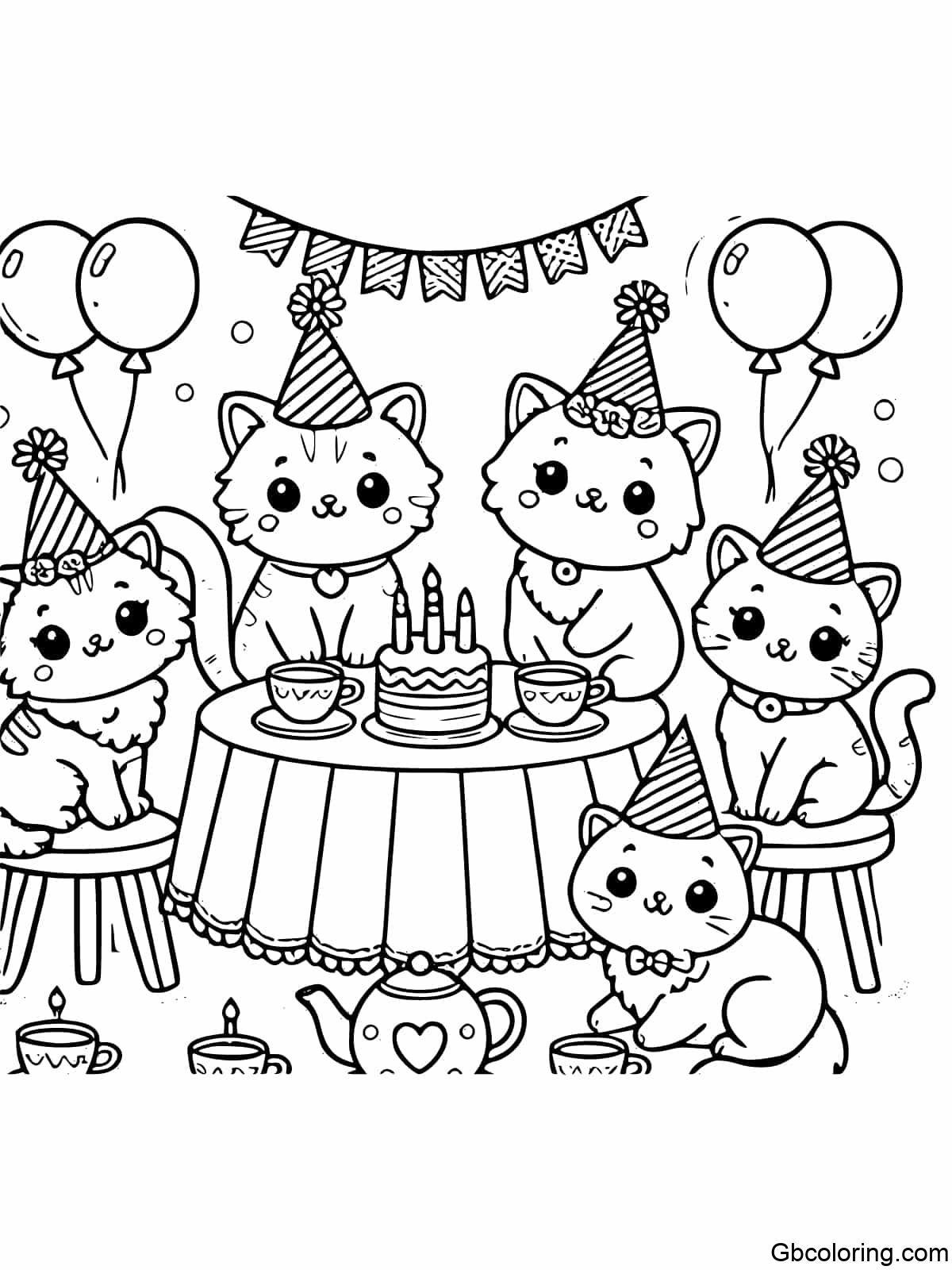 Cute cats sitting around a small table with tea cups and a teapot, wearing party hats, with balloons and a cake in the background