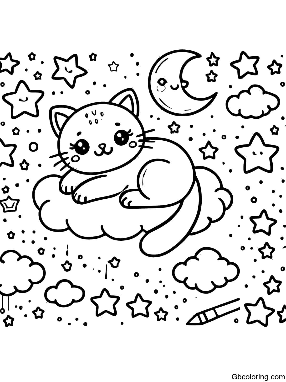 Cute kitty lying on a fluffy cloud with stars and moons in the night sky