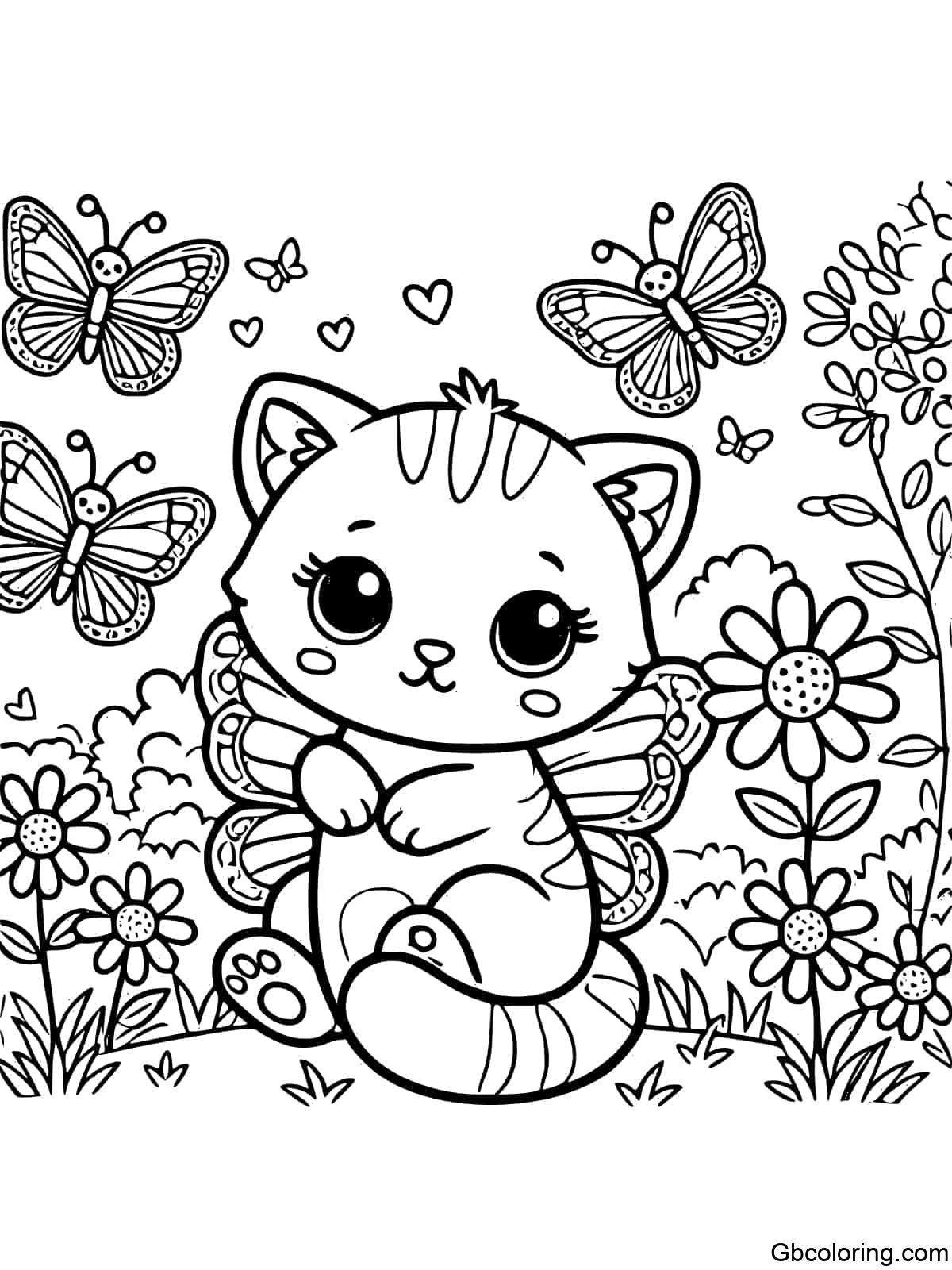 Cute kitty surrounded by butterflies in a meadow
