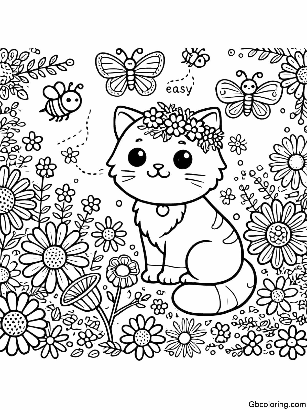 A simple and easy-to-color image of a cat surrounded by flowers, butterflies, and bees.
