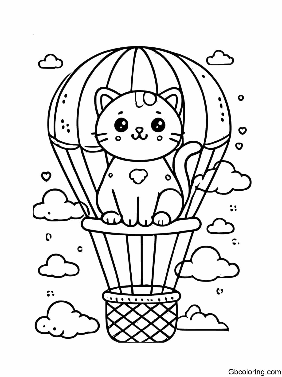 A simple and easy-to-color image of a cat sitting in a hot air balloon floating in the sky.