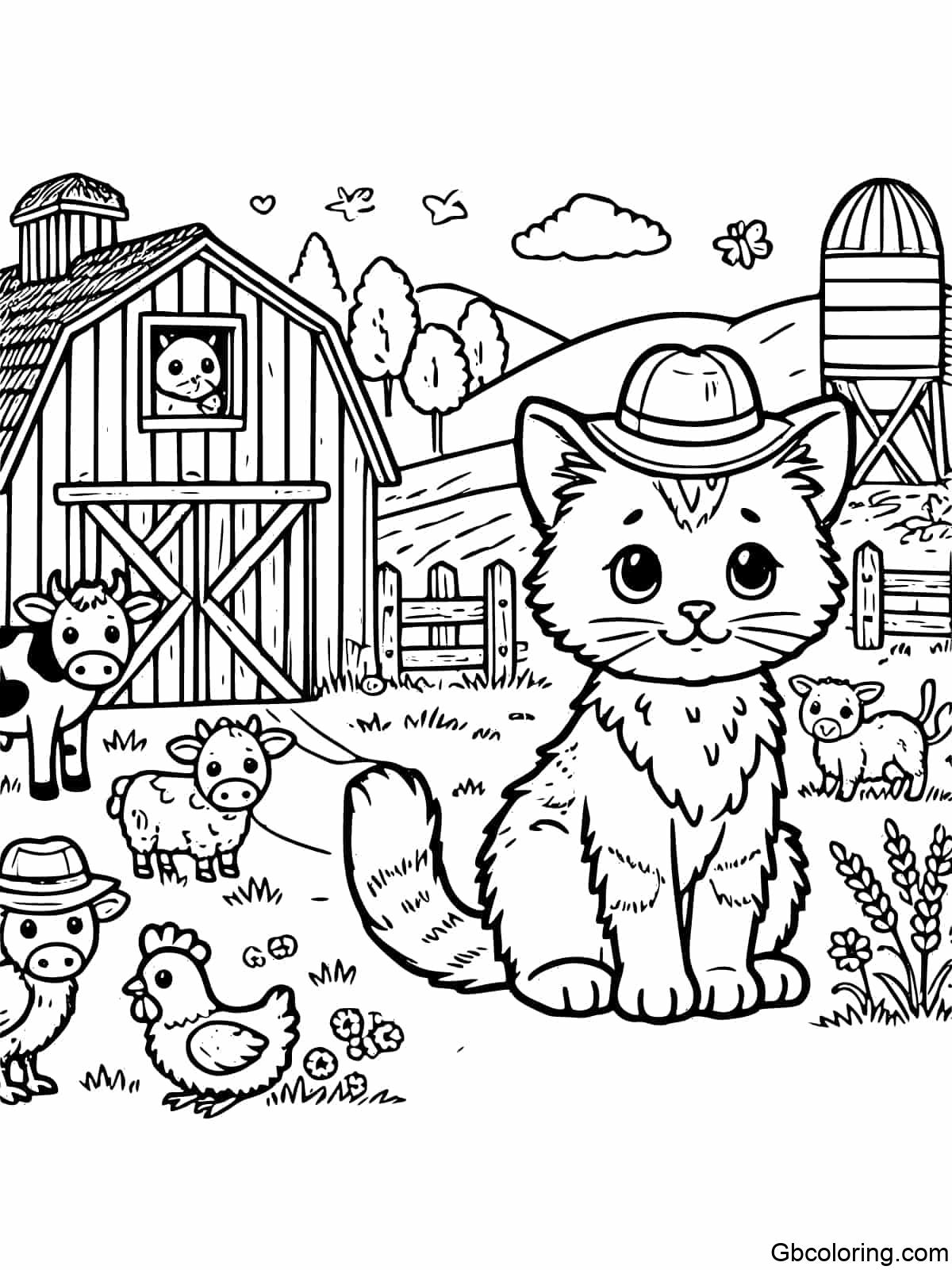 A simple and easy-to-color image of a cat exploring a farm with barn animals.