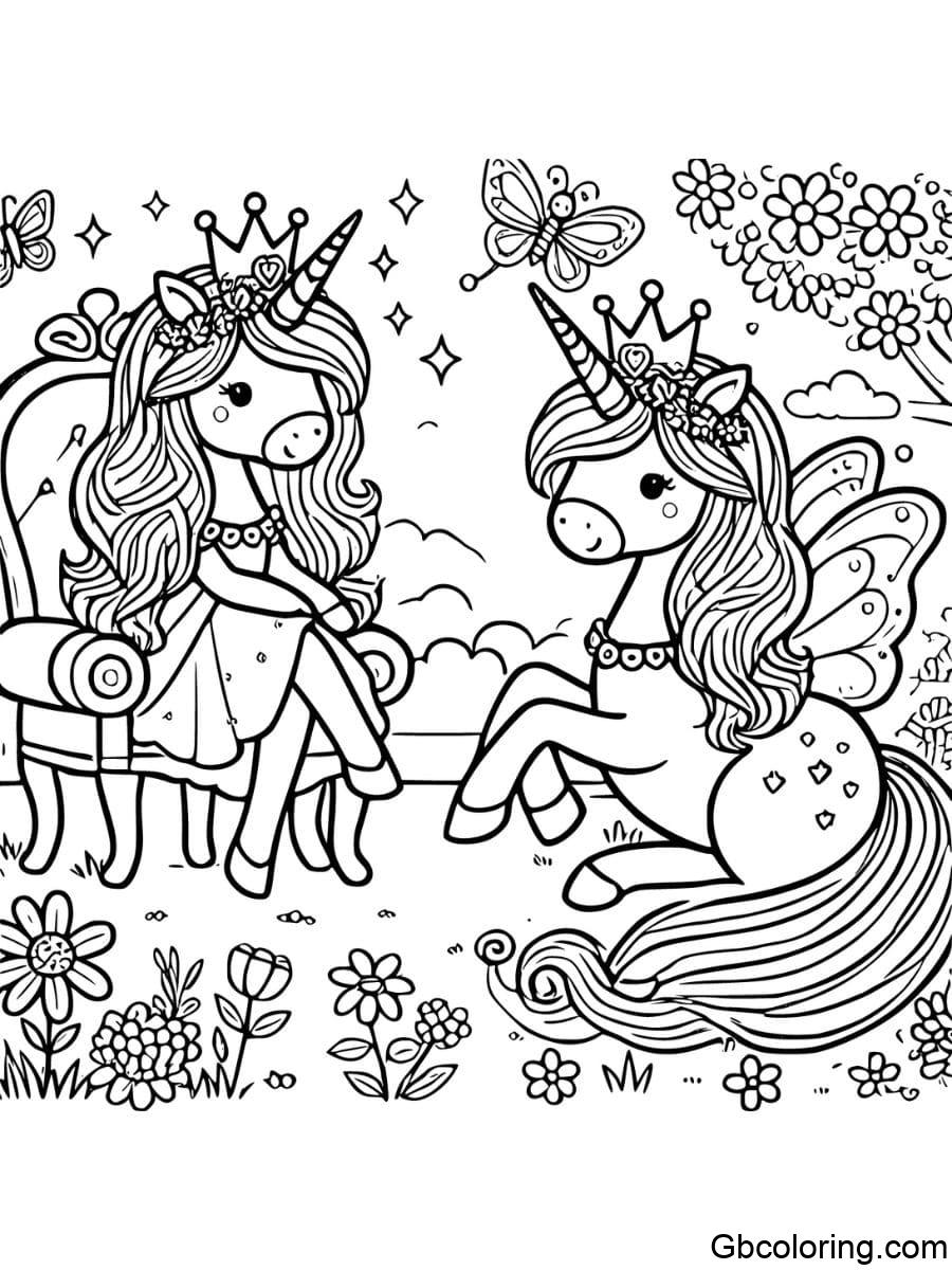 Princess Unicorn Garden Throne Coloring Pages