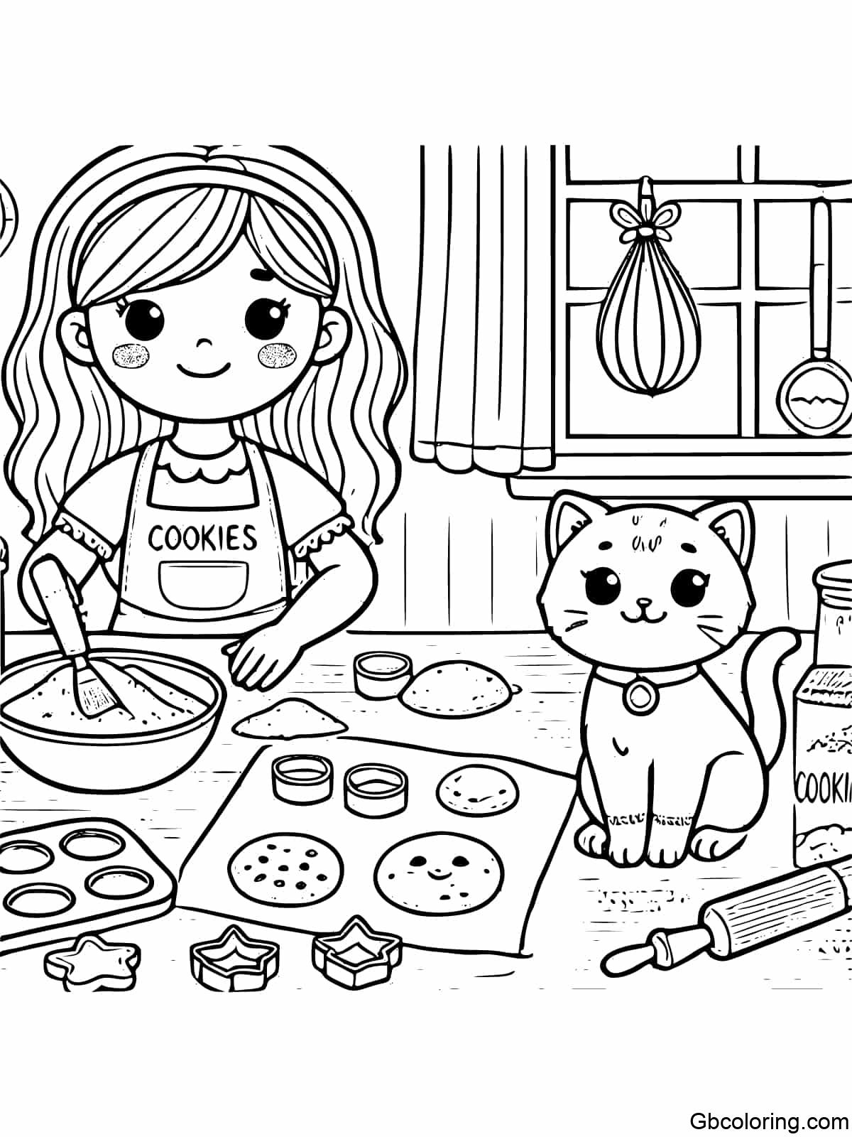 Coloring page Girl and cat baking cookies in a kitchen with flour and cookie cutters