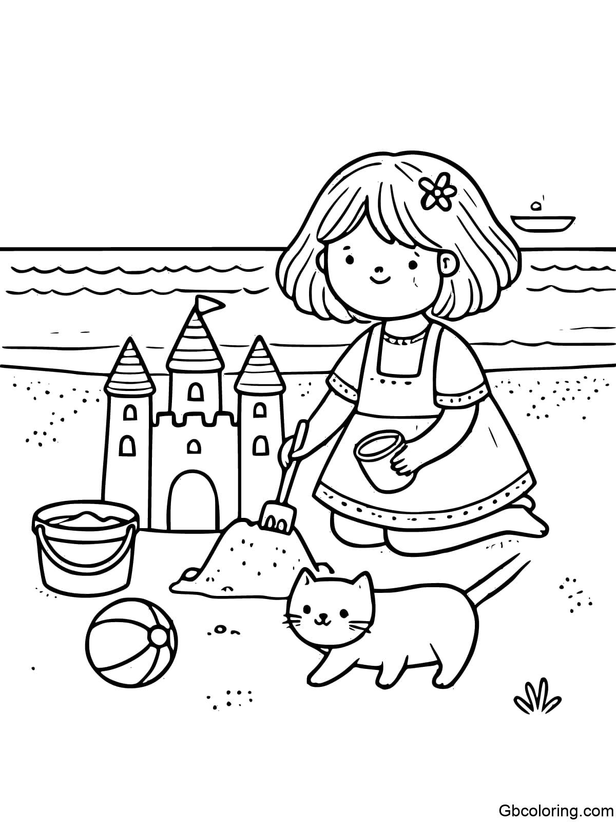 Coloring page Girl building a sandcastle and cat playing with a beach ball