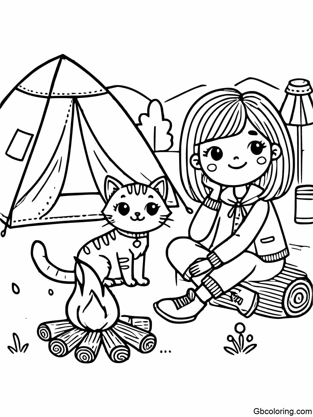 Coloring page Girl and cat sitting around a campfire with a tent nearby