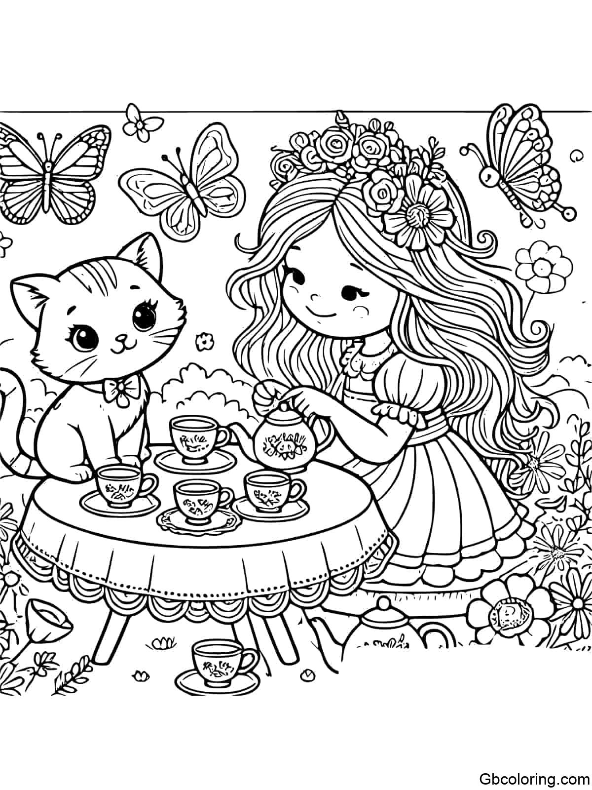 Coloring page Girl and cat at a tea party with miniature tea sets, flowers, and butterflies